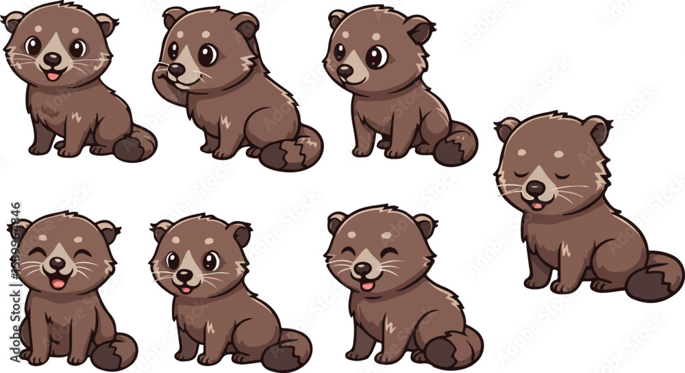 Fototapeta premium vector illustration of binturong badger ferret weasel civet cute simple funny cartoon mascot character cartoon with 7 poses 01