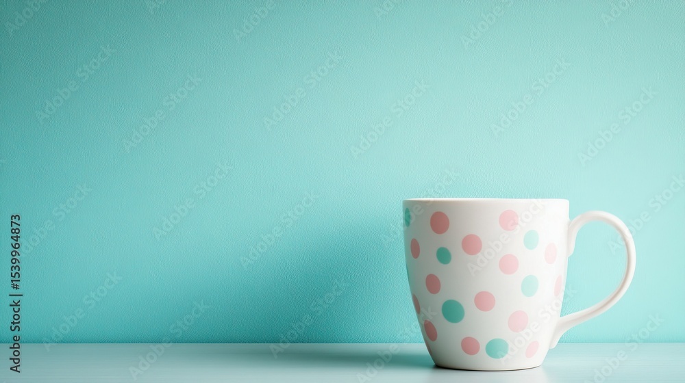 Obraz premium A white cup with pastel polka dots against a pale teal wall.
