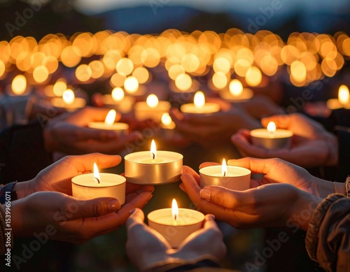 Candle vigil with many hands holding tea lights at dusk