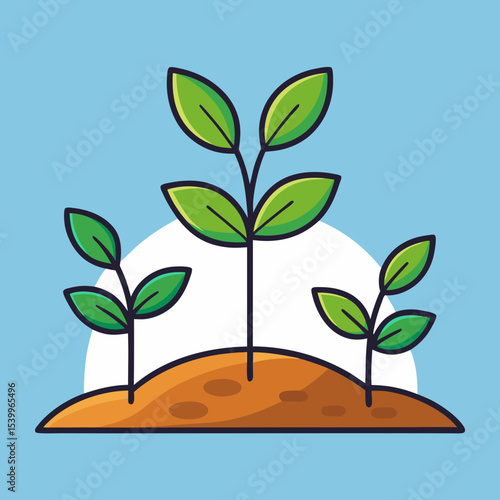 Cute cartoon illustration of new plant sprouts growing in fertile soil bed