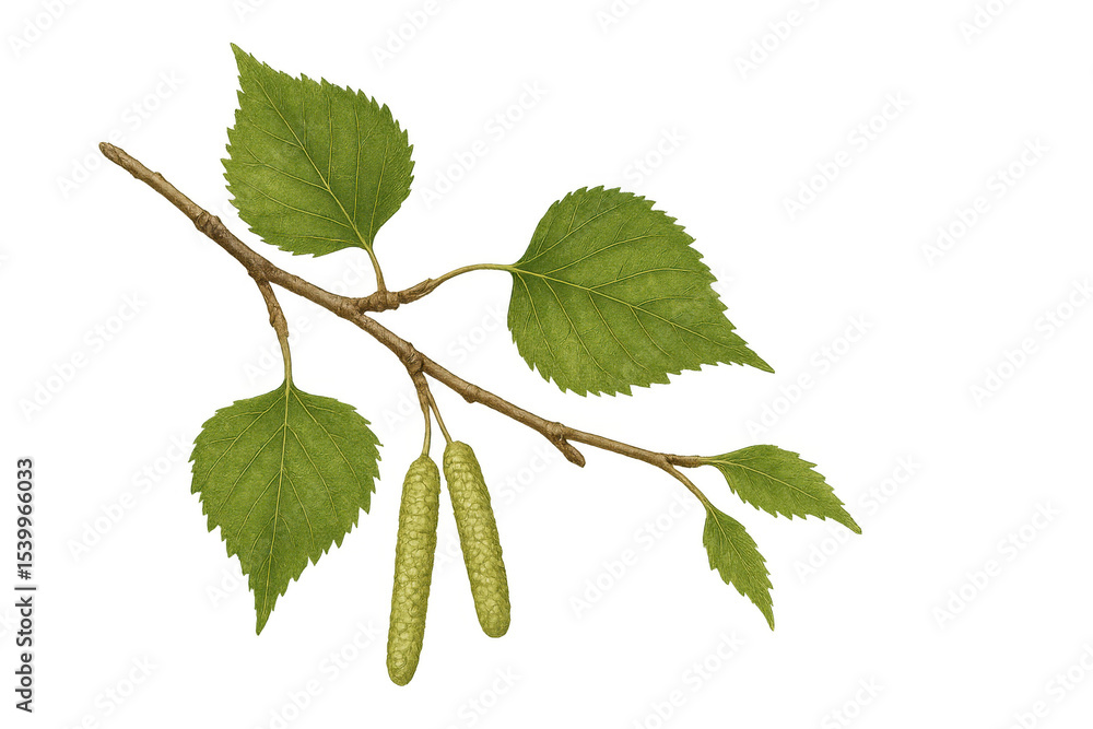 Realistic illustration of a birch branch with green leaves and catkins, isolated on a transparent background Realistic illustration of a birch branch with green leaves and catkins, isolated on a transparent background