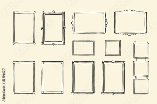 Set of vintage doodle hand-drawn frames. Minimalist line art. Trendy vintage whimsical borders for wedding invitations, birthday card, prints. Vector сoquette frame set