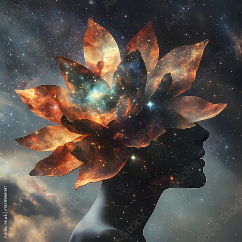 Surreal image of a head blooming open like a flower with galaxies and nebula petals spreading outward 
