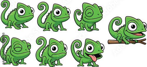 vector illustration of chameleon  vacillator lizzard reptile cute simple funny cartoon mascot character cartoon with 7 poses 