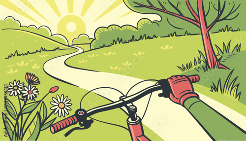 POV of Exploring the joy of cycling from an exhilarating bike perspective as the sun shines brightly on a tranquil path during a summer afternoon       