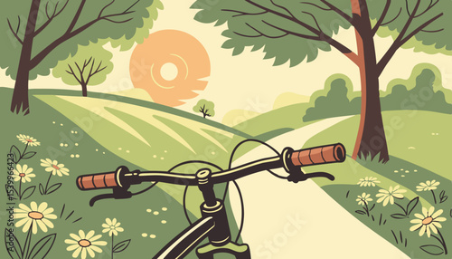 POV of Exploring the joy of cycling from an exhilarating bike perspective as the sun shines brightly on a tranquil path during a summer afternoon       