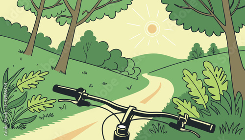 POV of Exploring the joy of cycling from an exhilarating bike perspective as the sun shines brightly on a tranquil path during a summer afternoon       