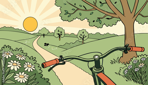 POV of Exploring the joy of cycling from an exhilarating bike perspective as the sun shines brightly on a tranquil path during a summer afternoon       