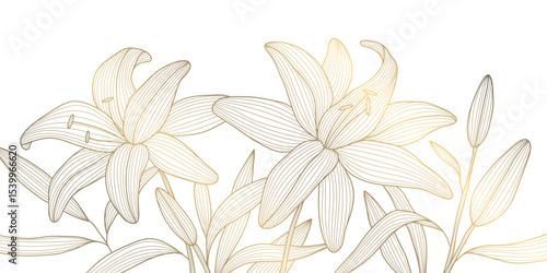 Vector golden line flowers, floral luxury art pattern. Abstract nature ornament garden leaf wallpaper, spring, wedding botanical graphic. Tropical Chinese, Japanese background.