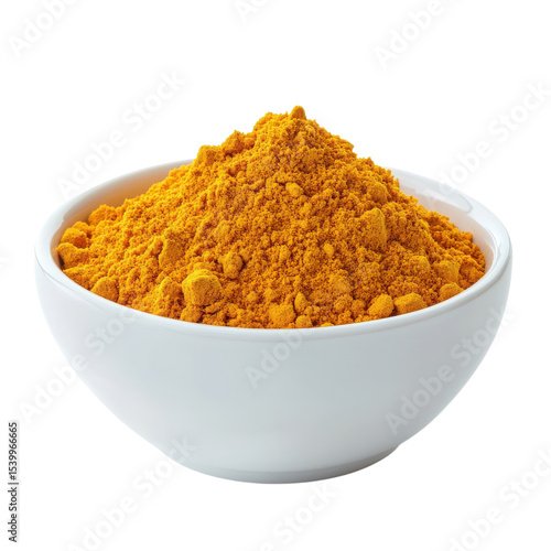 Turmeric powder in bowl on transparent background.