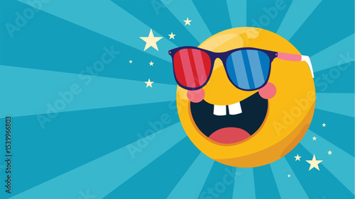 A fun emoji with colorful shades smiling confidently in radiant backdrop