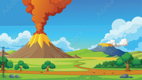 Volcanic eruption with smoke on the hill. Vector illustration.