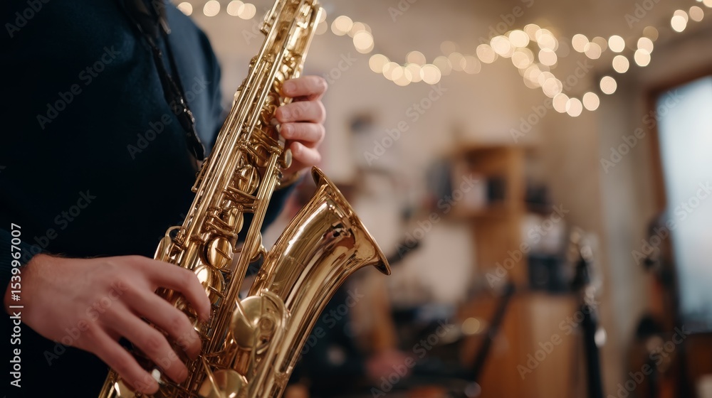 Obraz premium Closeup of a female saxophonist's hands playing the brass instrument amidst festive string lights in a cozy, warmly lit setting with copy space on the right