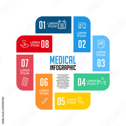 Vector plus infographic, medical diagram, healthcare graph, hospital presentation, emergency chart. Medicine doctor logo. Concept with 8 options, parts, steps, processes.