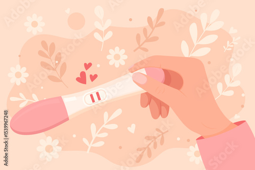 Vector cartoon image of pregnancy confirmation in girl's hands. Desired pregnancy. Pregnancy test. Element for your design