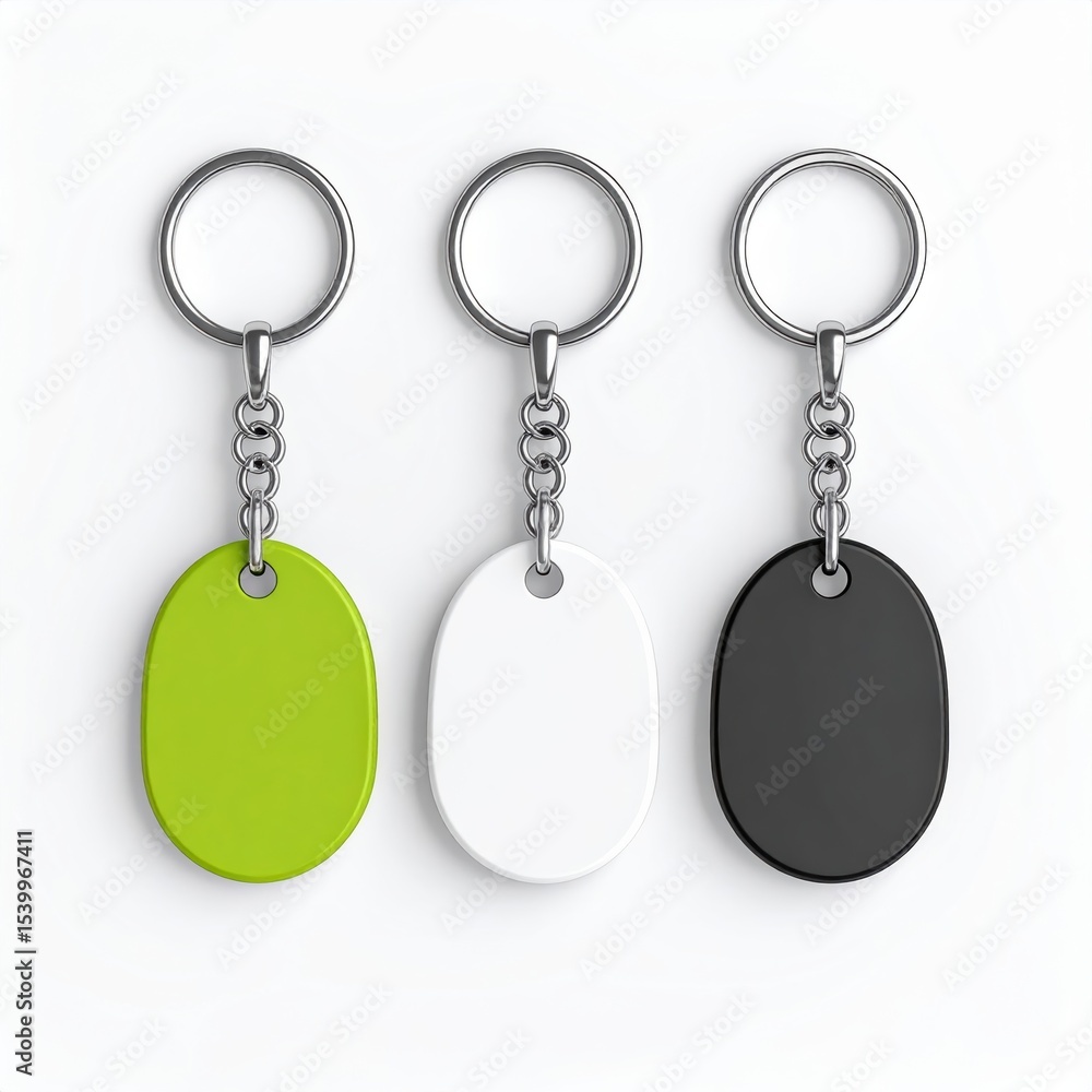 A collection of three modern keychains in green, white, and black colors, perfect for personal or promotional use. A collection of three modern keychains in green, white, and black colors, perfect for personal or promotional use.