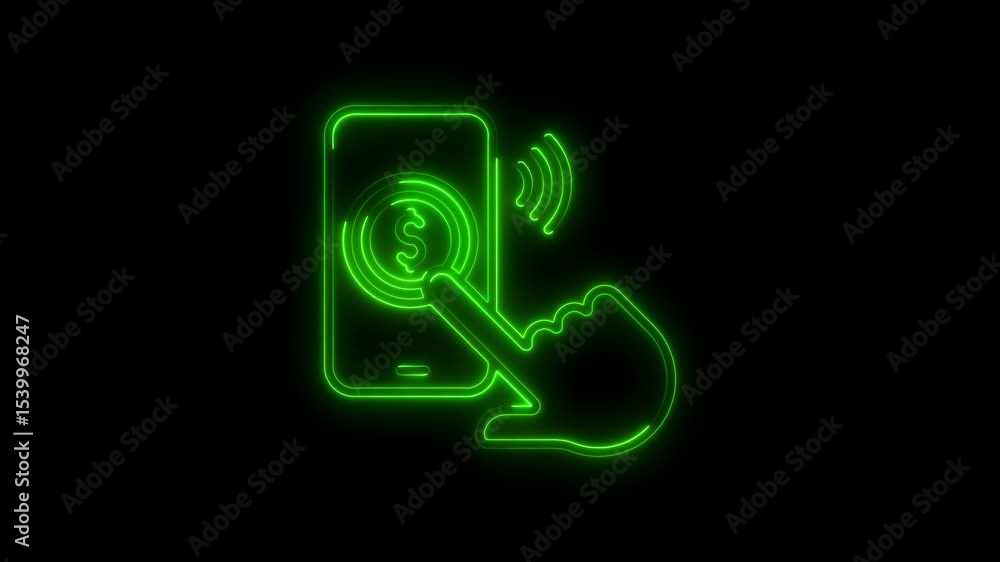 Animated green neon dollar sign mobile phone payment icon on black background Animated green neon dollar sign mobile phone payment icon on black background