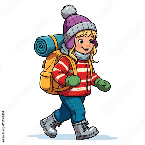 Cute Backpacker Prepared for Cold Weather Adventure character illustration