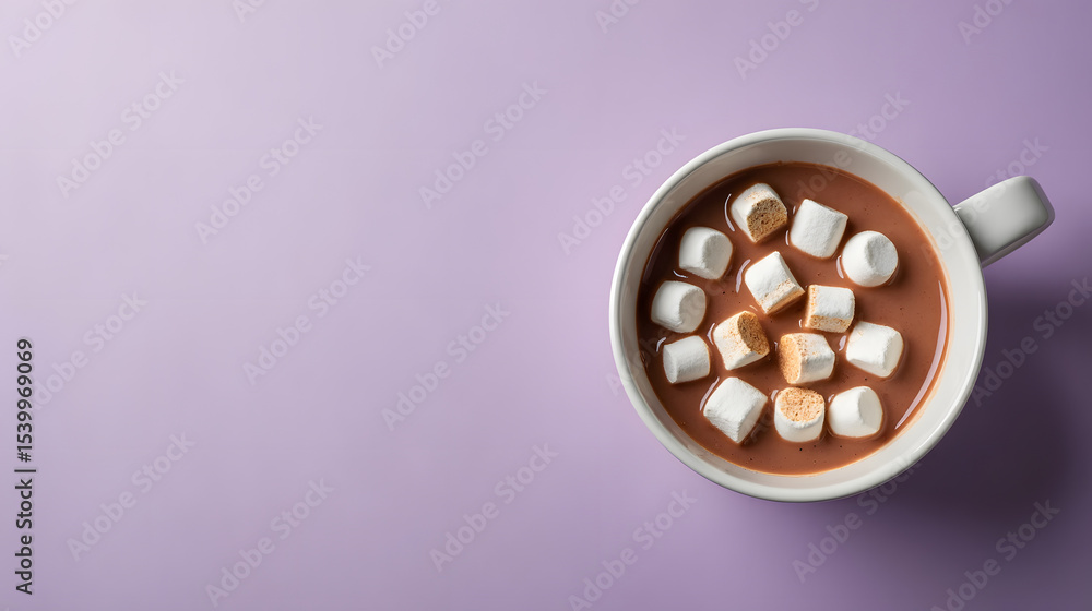 A cup of hot chocolate with marshmallows on a lavender background. A cup of hot chocolate with marshmallows on a lavender background.