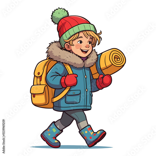 Cute Backpacker Prepared for Cold Weather Adventure character illustration