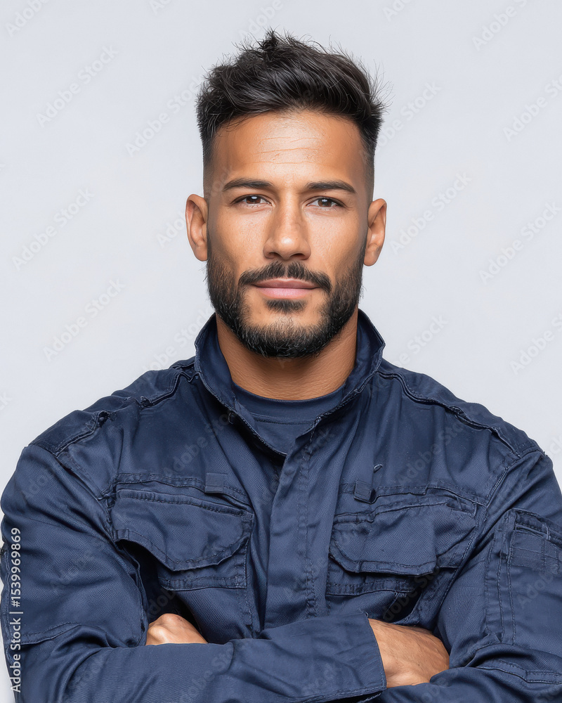 Fototapeta premium indian male mechanic wearing professional uniform and standing confidently