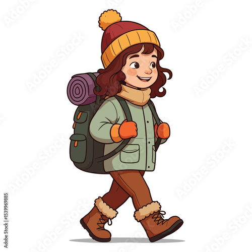 Cute Backpacker Prepared for Cold Weather Adventure character illustration