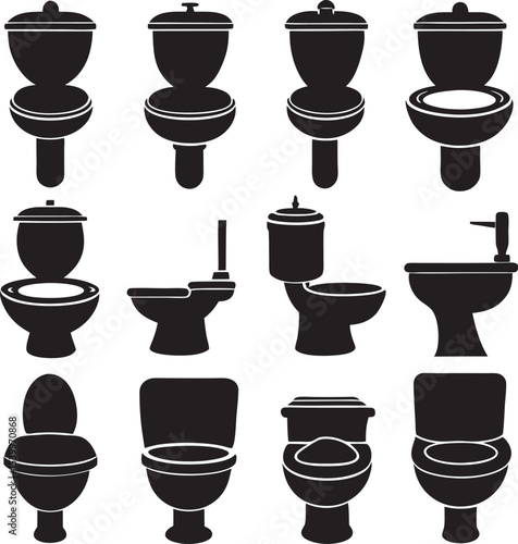 This collection of black and white images depicts various styles of toilet/commodes with multiple drawers and decorative elements.