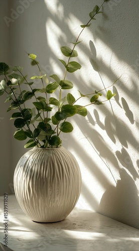 Sunlit off-white textured vase holds vibrant green leafy stems, casting dramatic shadows on a white surface