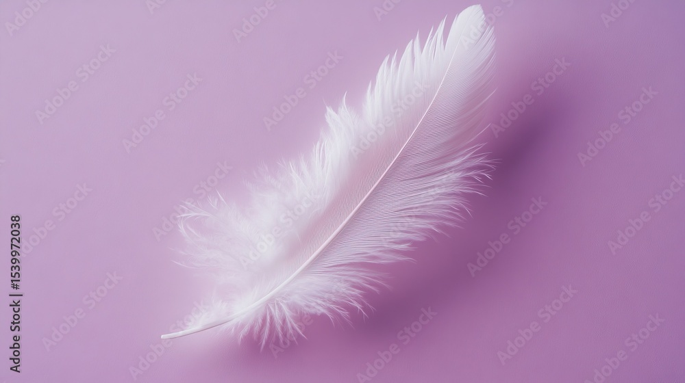 Obraz premium A single white feather resting on a pastel lavender surface.