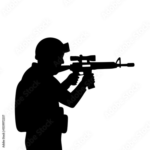 Soldier aiming rifle in silhouette during night battle photography  