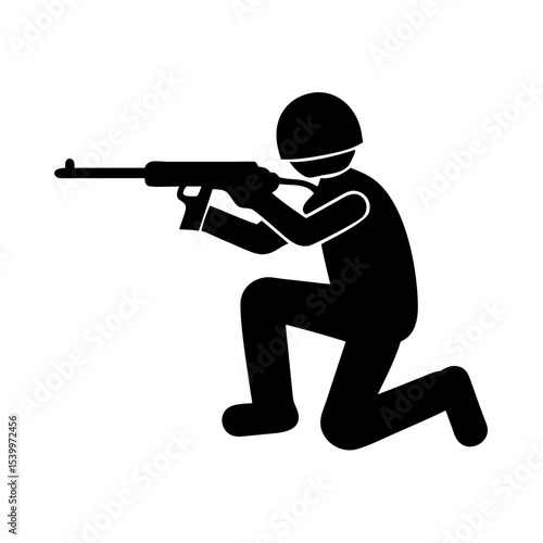 "Soldier Silhouette with Rifle – Kneeling Sniper Icon, Military Vector, Tactical Shooter Graphic, Army Pose Clipart, Black Combat Gunman PNG"