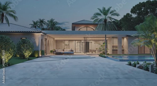 Modern house exterior at twilight