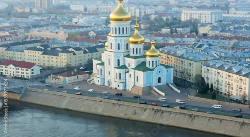 Cityscape with a church and river