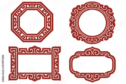 Set of traditional crimson Chinese frames with intricate geometric patterns and ornate details, ideal for decorative design and cultural projects