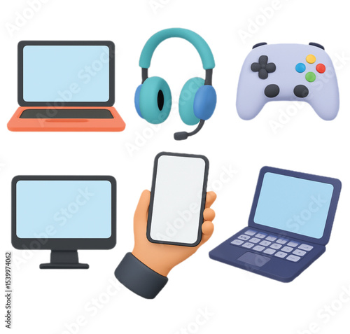 3D UI Icons set of technology isolated on white background. Computer devices 3d render vector icon set. Computer, laptop, smartphone, headphones, game console, vector illustration of computer devices