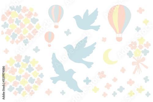 Whimsical pastel illustration with birds, hot air balloons, flowers, and clouds, evoking a dreamy and peaceful spring atmosphere