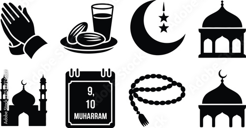 Black silhouette icon set for Muharram Ashura 9-10 or 10-11 Muharram Fasting. Solid black vector pictograms featuring symbolic elements such as prayer hands, fasting plate with dates and water glass, 