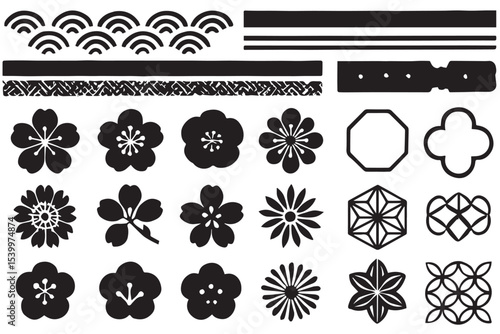 Traditional Japanese motifs including floral patterns, geometric shapes, and decorative borders, featuring iconic sakura flowers and ornamental designs