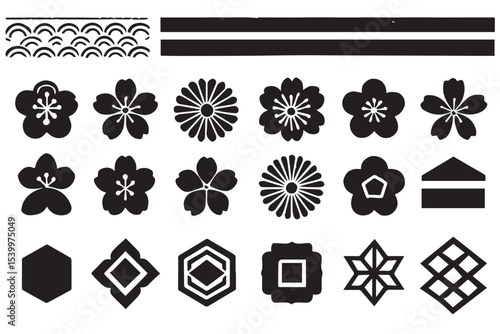Elegant collection of Japanese inspired motifs with flower designs, geometric patterns, and intricate borders, perfect for cultural and decorative applications
