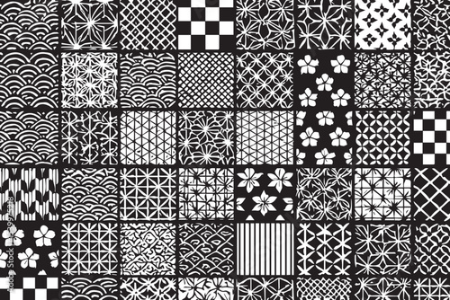 Collection of intricate black and white Japanese inspired mosaic patterns featuring floral designs, geometric grids, waves, and checkerboard motifs