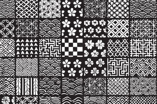Traditional Japanese mosaic patterns with elegant floral, geometric, and wave designs, perfect for use in cultural, decorative, and graphic projects