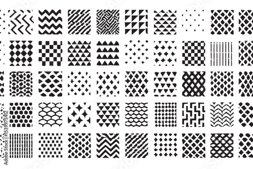 Variety of bold monochrome geometric grid patterns and abstract shapes, including stripes, squares, triangles, and waves, perfect for contemporary designs