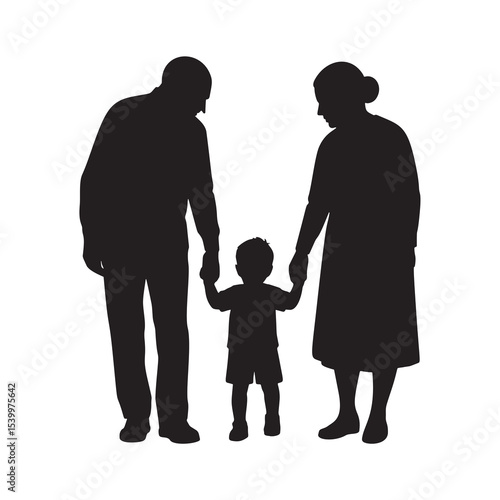 Vector silhouette of grandparents holding hands with their grandchild. A touching family moment symbolizing love, care, and generational connection on a white background. Isolated design.