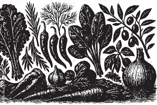 Detailed woodcut artwork showcasing a variety of vegetables and herbs, including chilies, carrots, onions, and olives, arranged in an earthy harvest scene