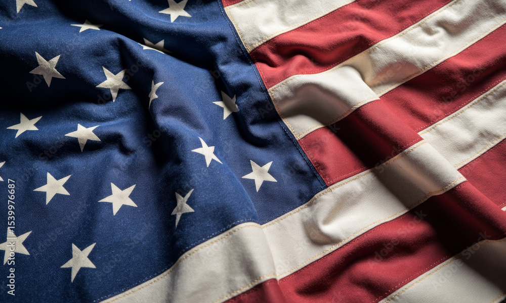 Fototapeta premium Flat Lay of Vintage American Flags on Linen Fabric with Subtle Shadows