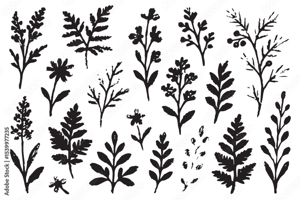 Naklejka premium silhouette botanical illustration with various detailed plant shapes, flowers, and leaves, ideal for nature themed designs