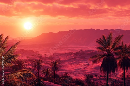 Tropical Sunset Over Mountainous Landscape with Palm Trees and Vibrant Sky.