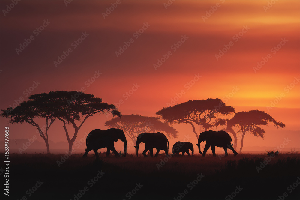 Fototapeta premium elephants at sunset