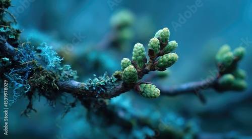 Teal-toned close-up of a lichen-covered branch sprouting delicate, light-green buds