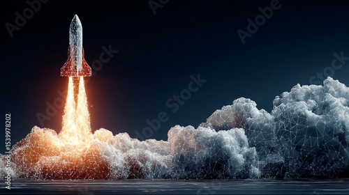Polygonal wireframe spaceship launching Abstract business boost and development illustration with digital technology background